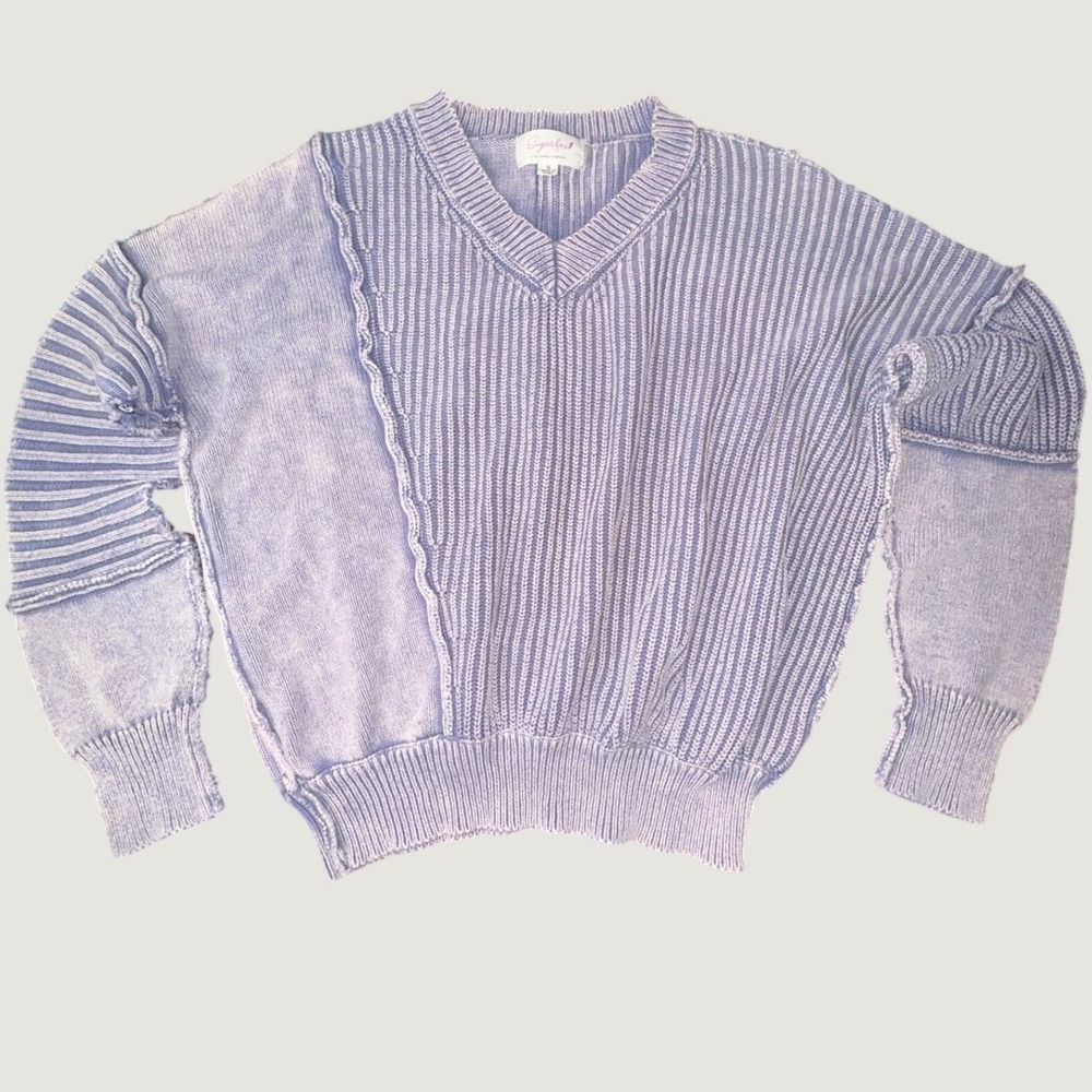 Sugarfox Deconstructed V-Neck Sweater Asymmetric Patchwork Purple Small